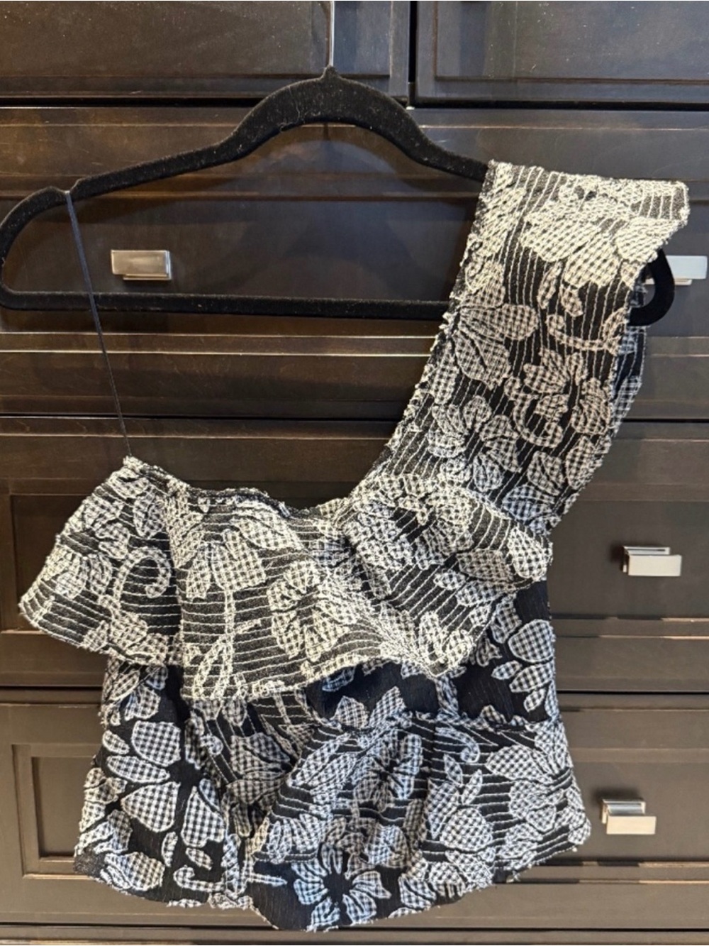 Zara Black & White Floral One-Shoulder Ruffle Camisole